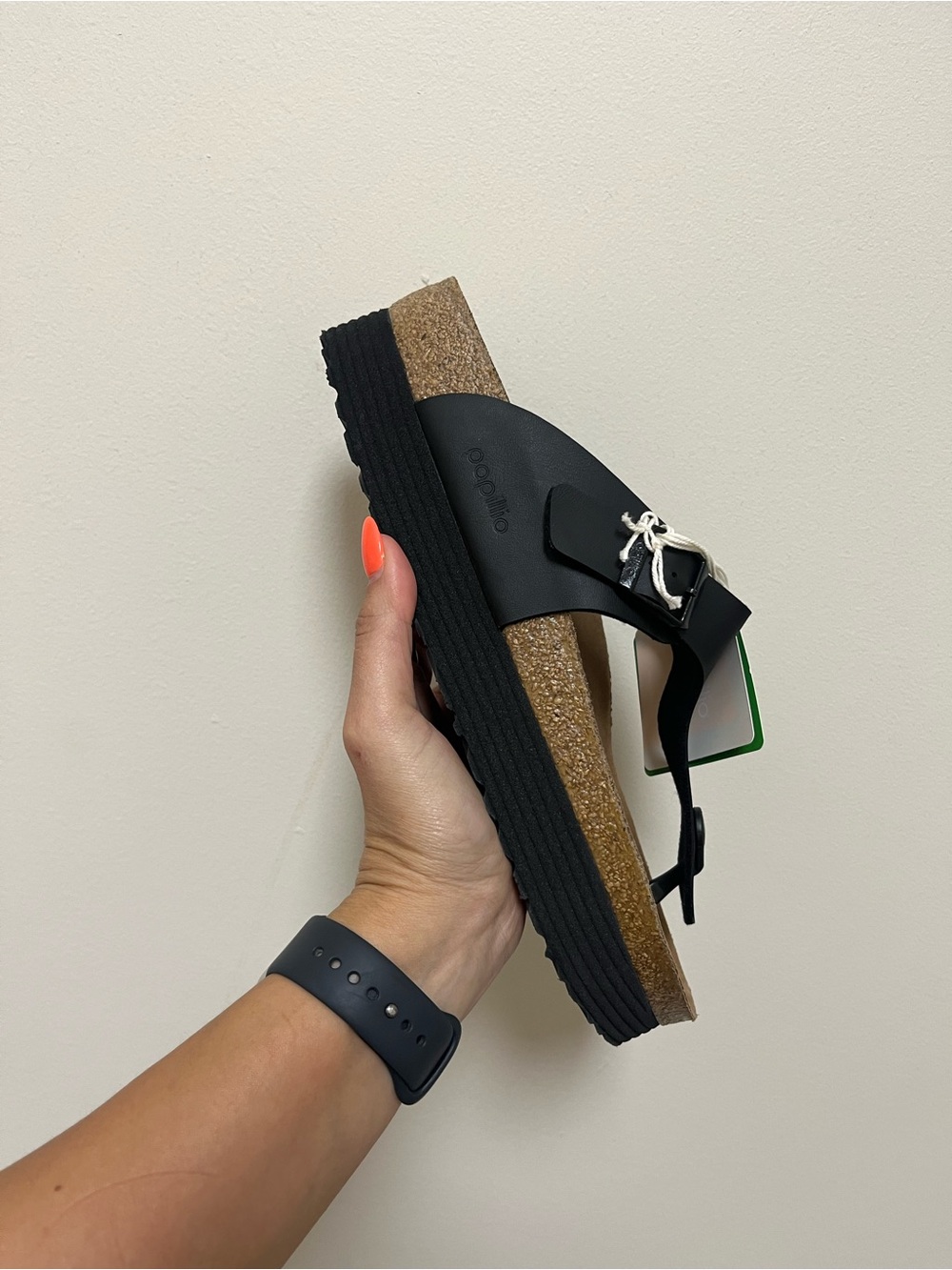 Papillio Black Cork Platform Slide with Silver Buckle
